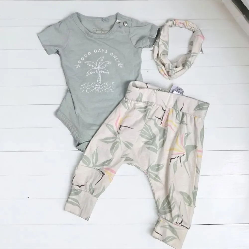 Jessica Simpson Baby Girl 3pc Green Pants Set Onesie Bodysuit Headband Playwear